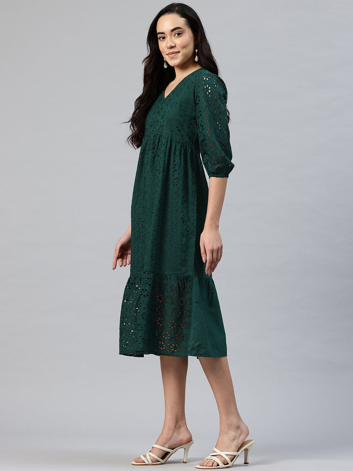Women's Embroidered Schiffli Puff Sleeve A-Line Midi Dress
