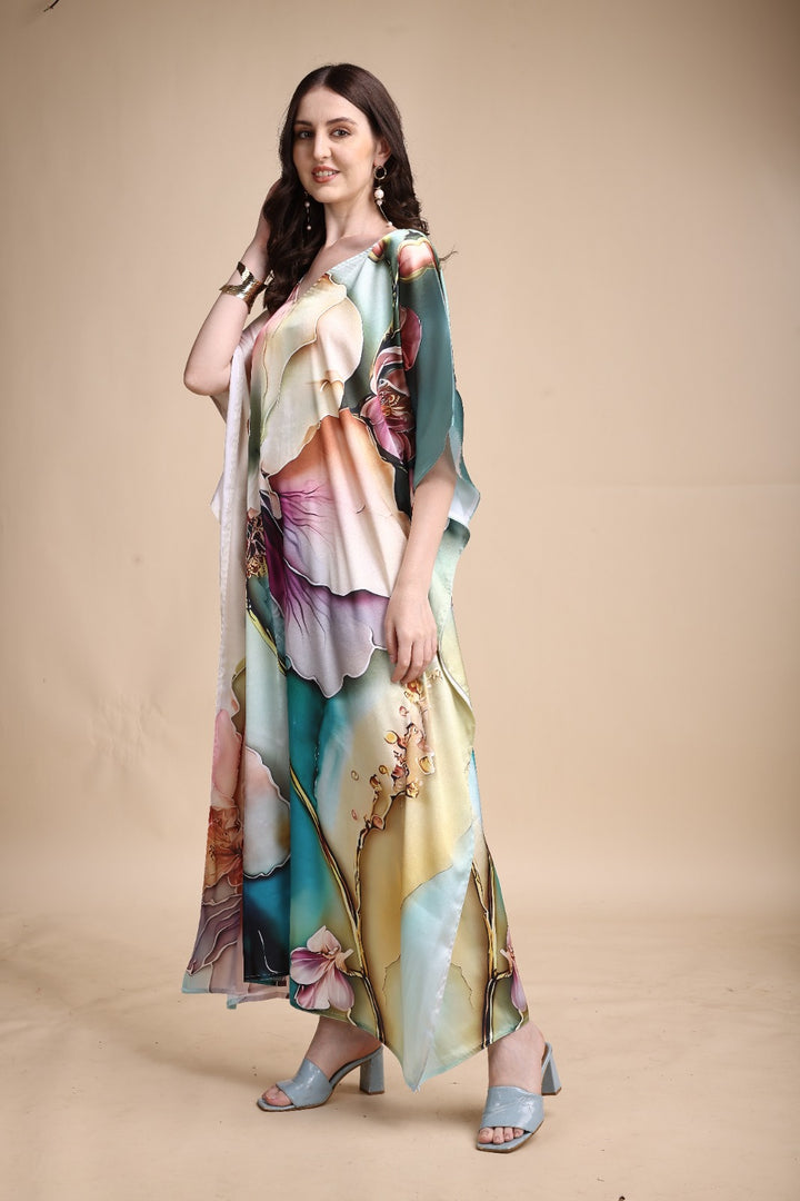 Women's Printed V-Neck Sleeves Long Satin Kaftan