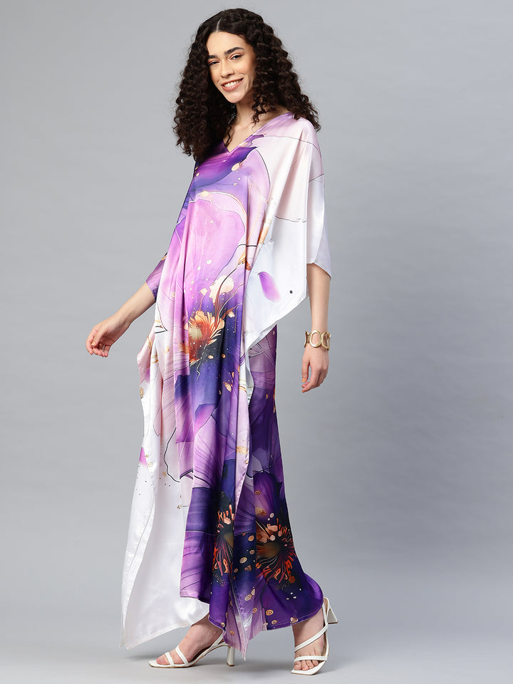 Women's Printed V-Neck Sleeves Long Satin Kaftan