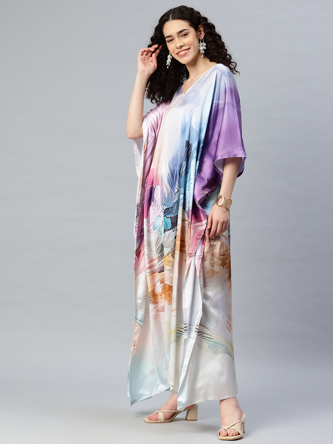 Women's Printed V-Neck Sleeves Long Satin Kaftan