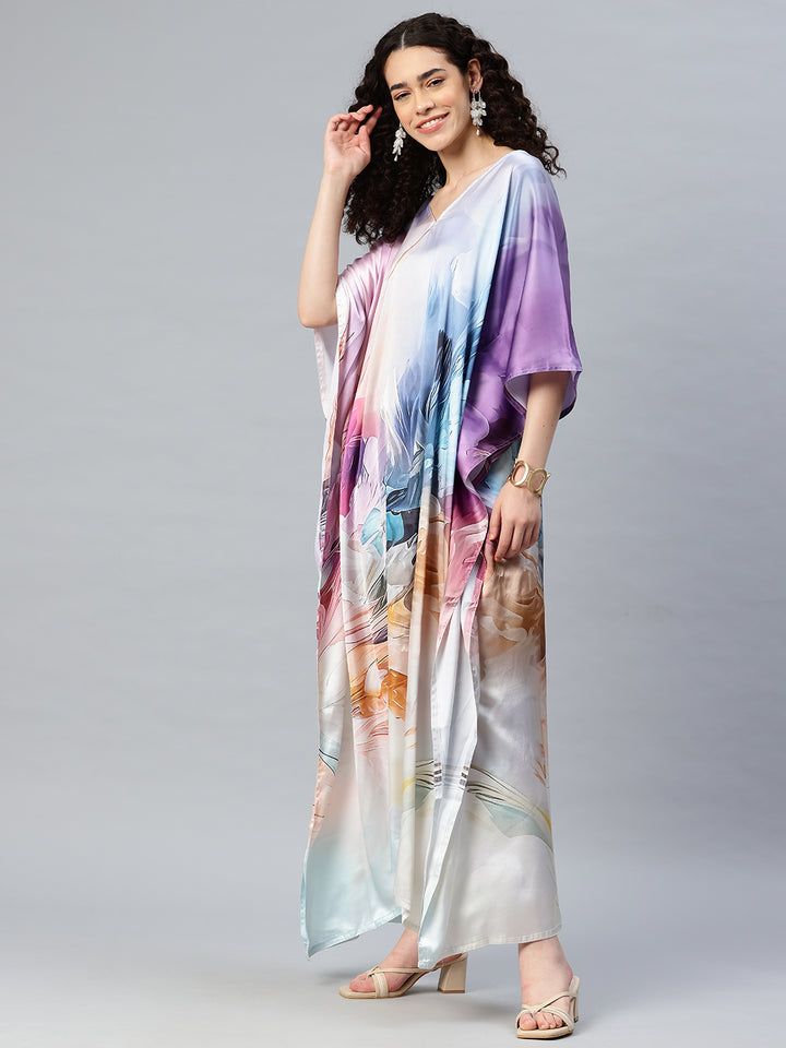 Women's Printed V-Neck Sleeves Long Satin Kaftan