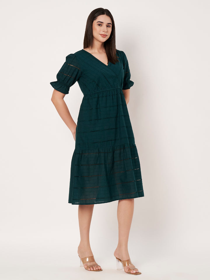 Women's Embroidered Schiffli Puff Sleeve A-Line Midi Dress