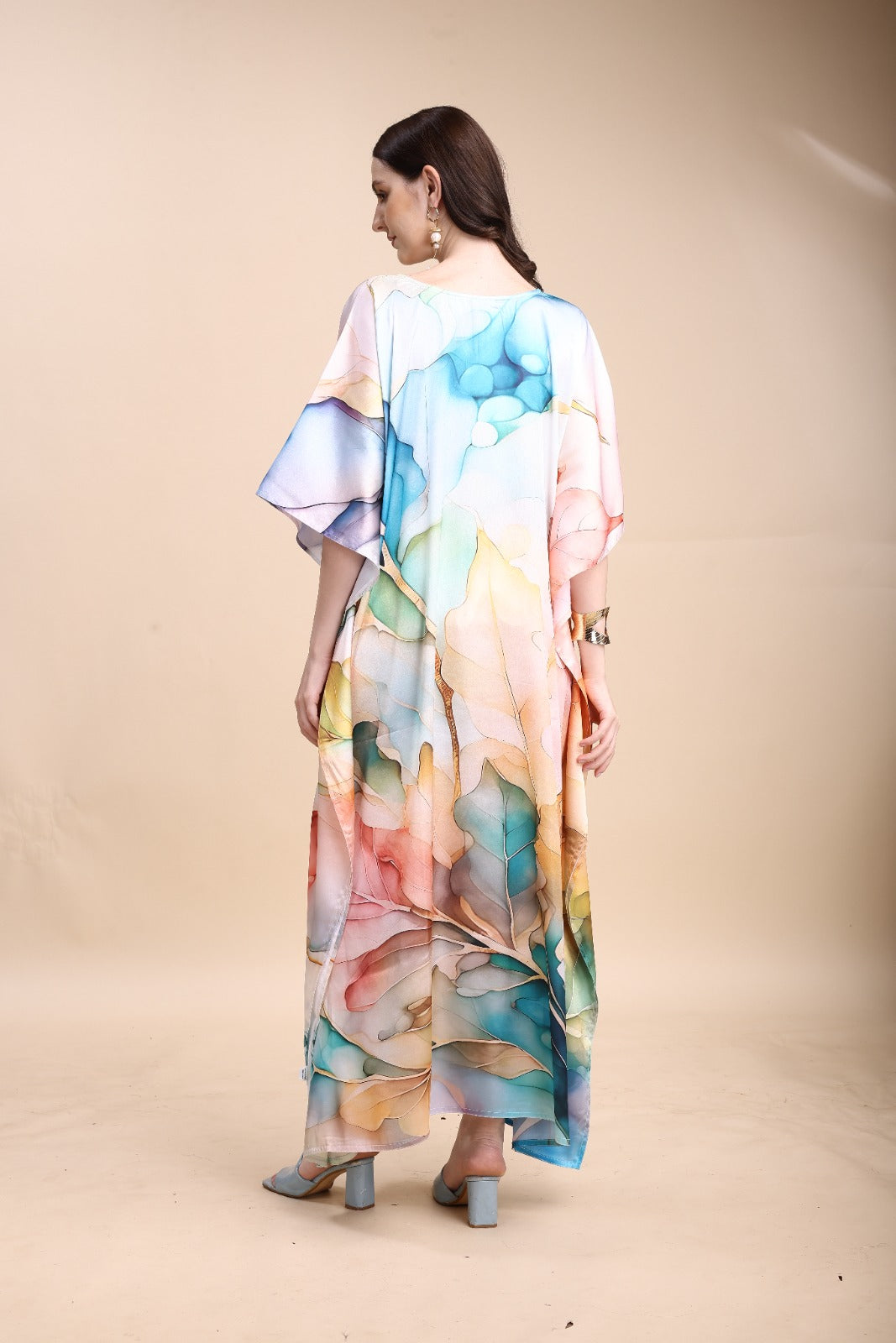 Women's Printed V-Neck Sleeves Long Satin Kaftan