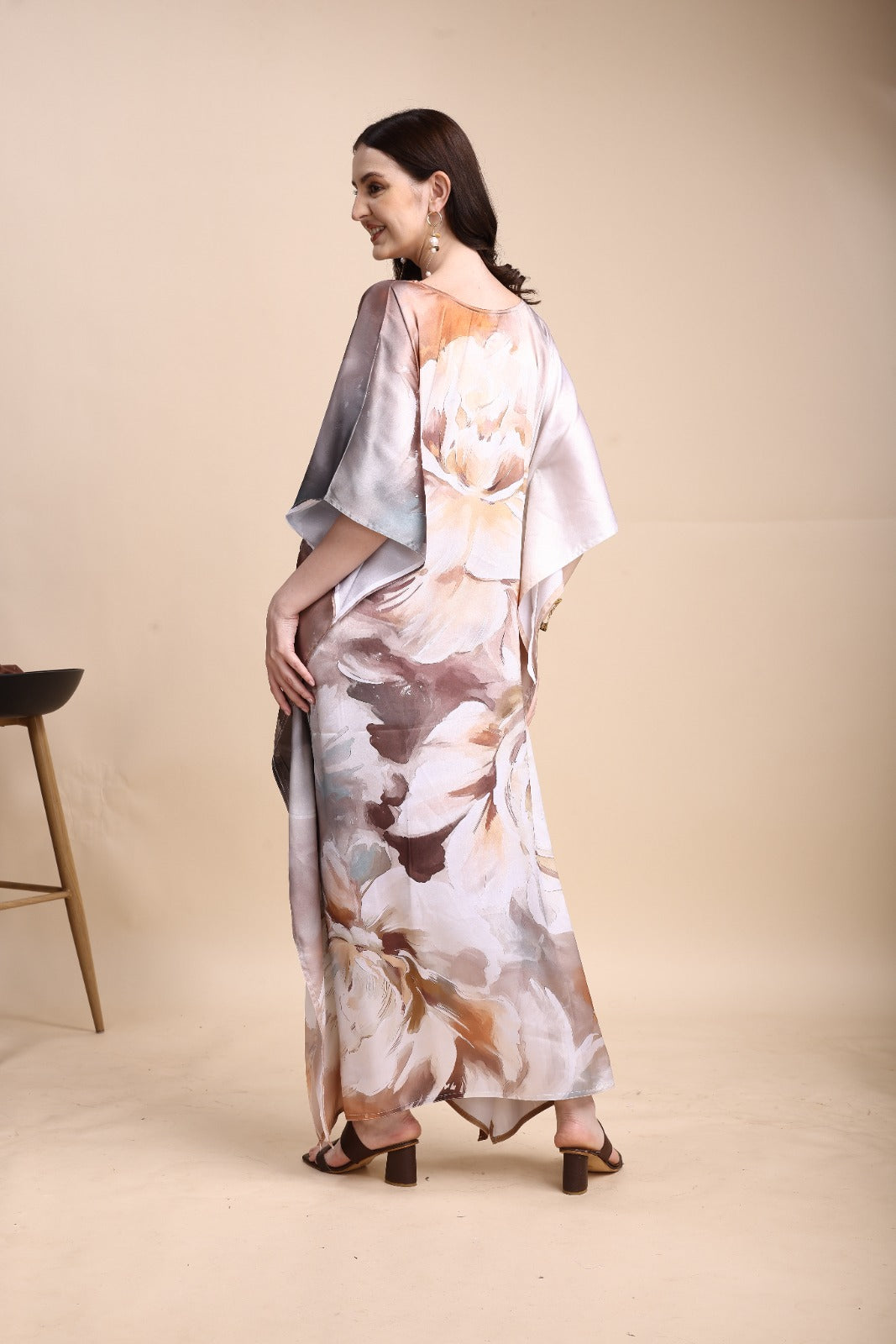 Women's Printed V-Neck Sleeves Long Satin Kaftan