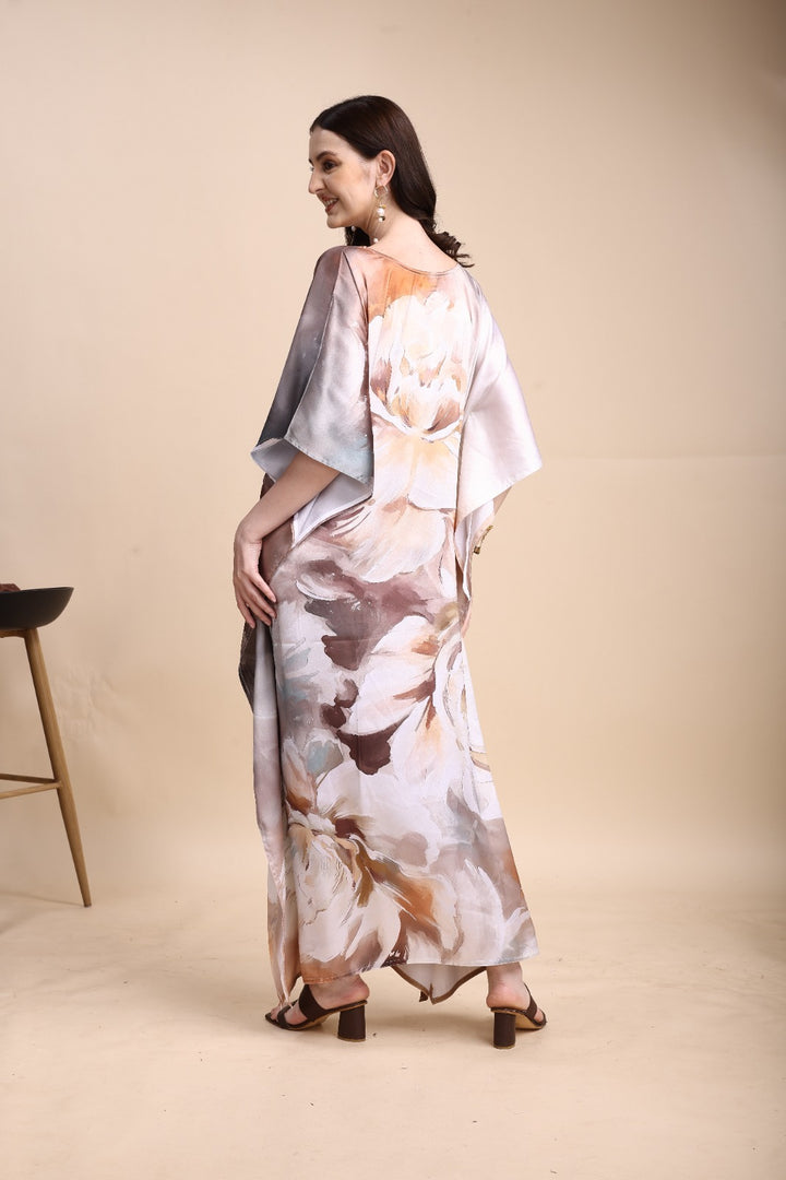 Women's Printed V-Neck Sleeves Long Satin Kaftan