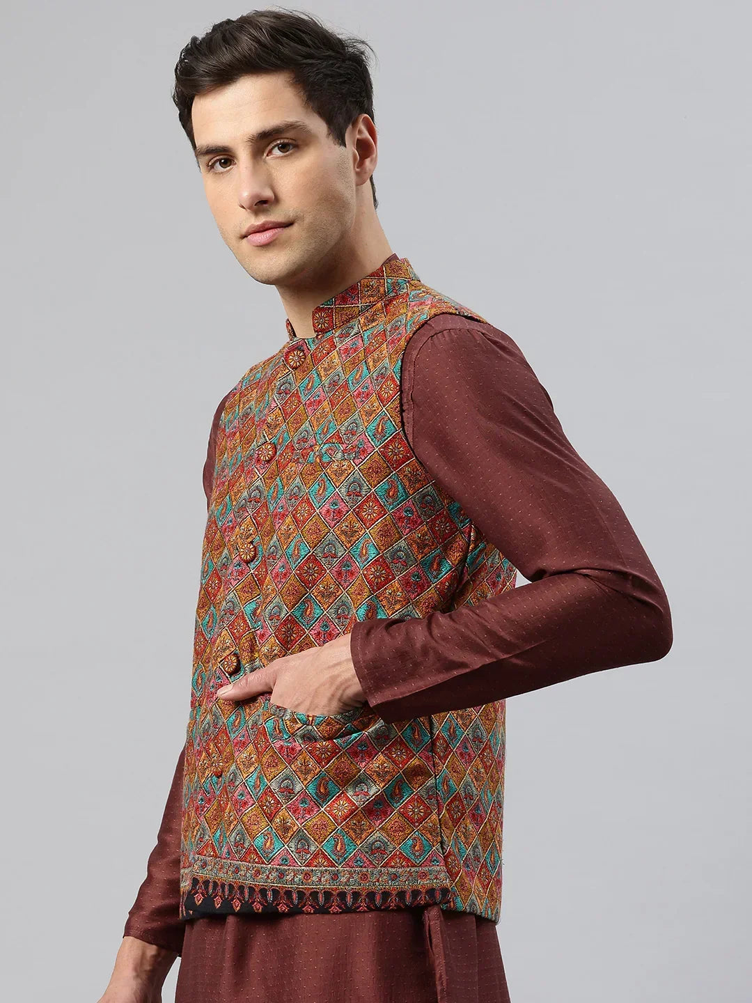 Men's Woven Embroidered Nehru Jacket - View 3 | Nehru Jacket | SWI Stylish