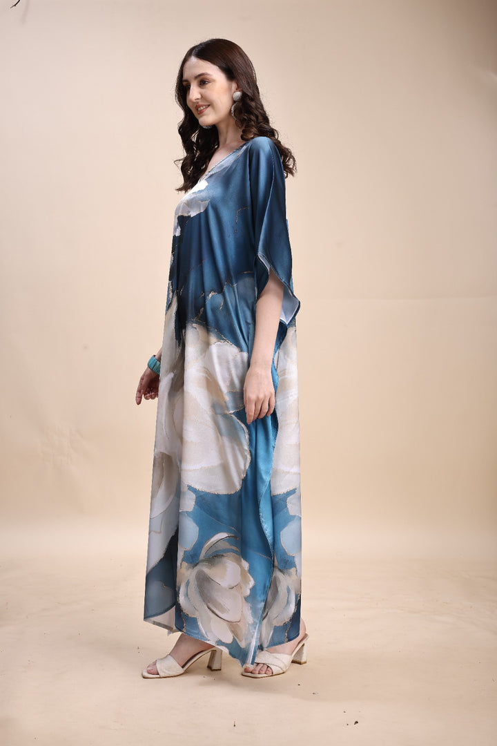 Women's Printed V-Neck Sleeves Long Satin Kaftan