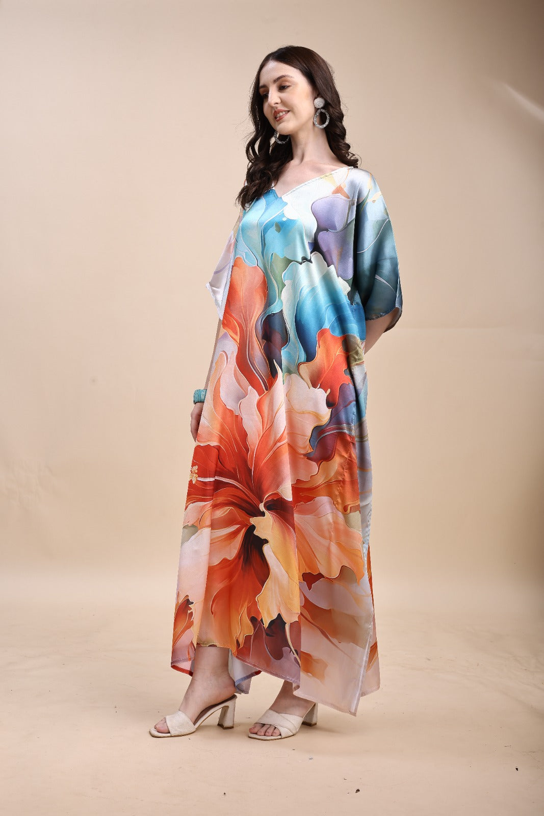 Women's Printed V-Neck Sleeves Long Satin Kaftan