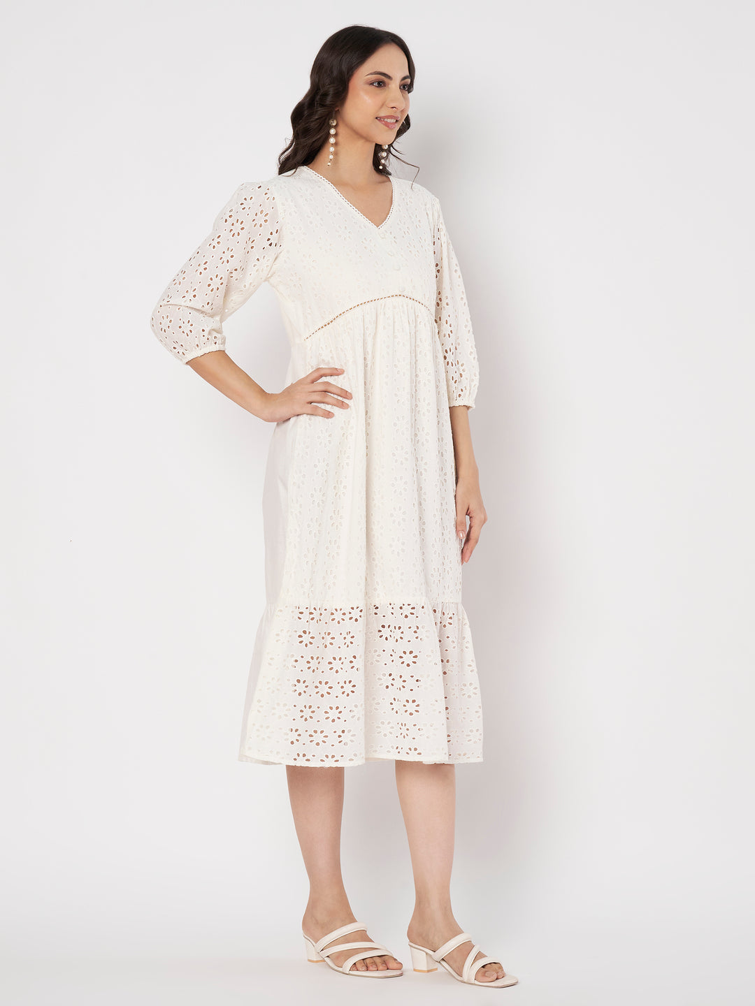 Women's Embroidered Schiffli Puff Sleeve A-Line Midi Dress