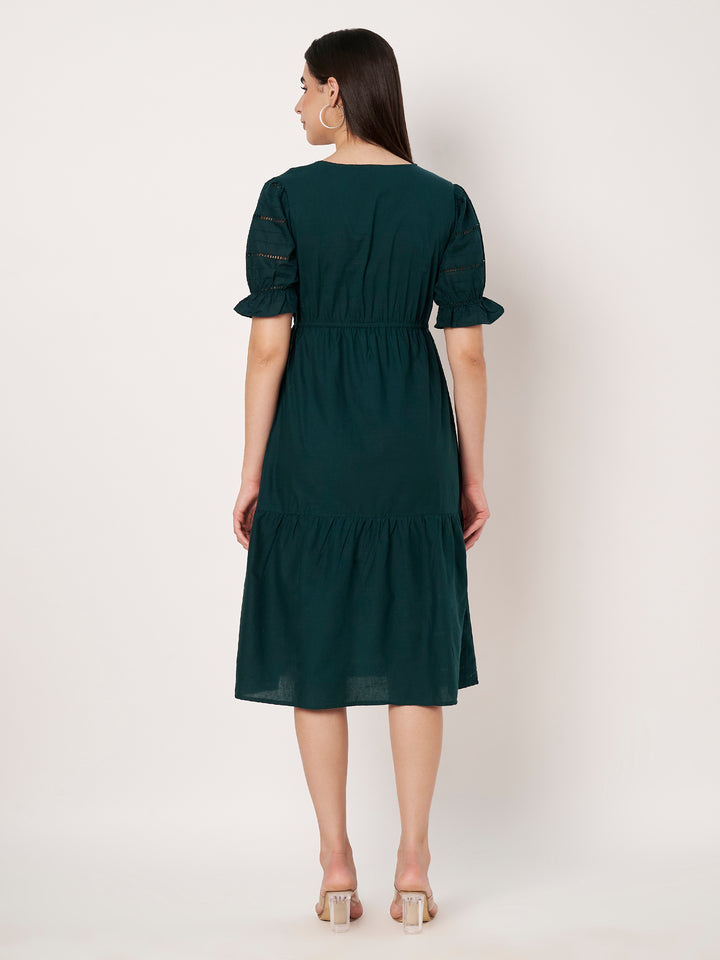 Women's Embroidered Schiffli Puff Sleeve A-Line Midi Dress