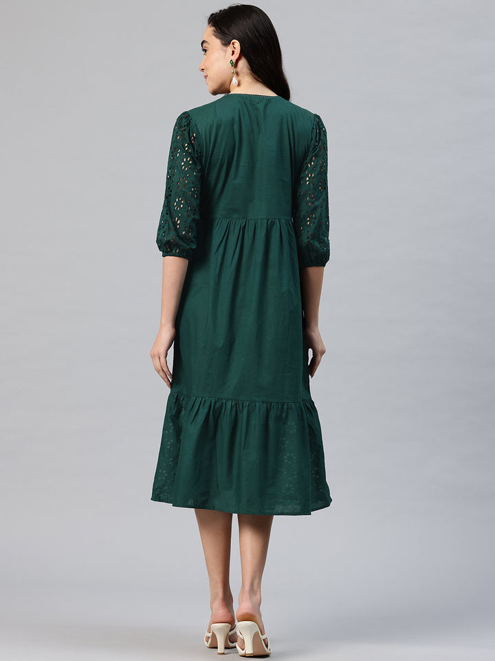 Women's Embroidered Schiffli Puff Sleeve A-Line Midi Dress