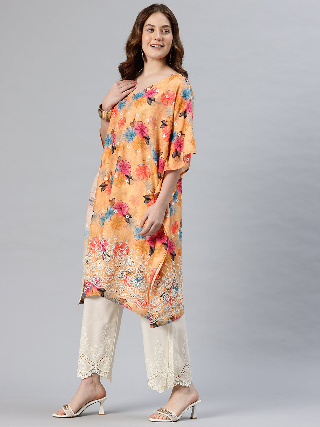 Women’s Pure Cotton Embroidered Kaftan Kurta with Palazzo