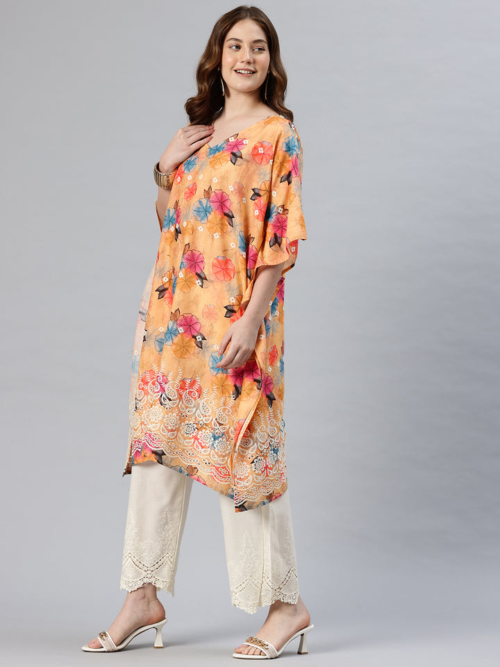 Women’s Pure Cotton Embroidered Kaftan Kurta with Palazzo