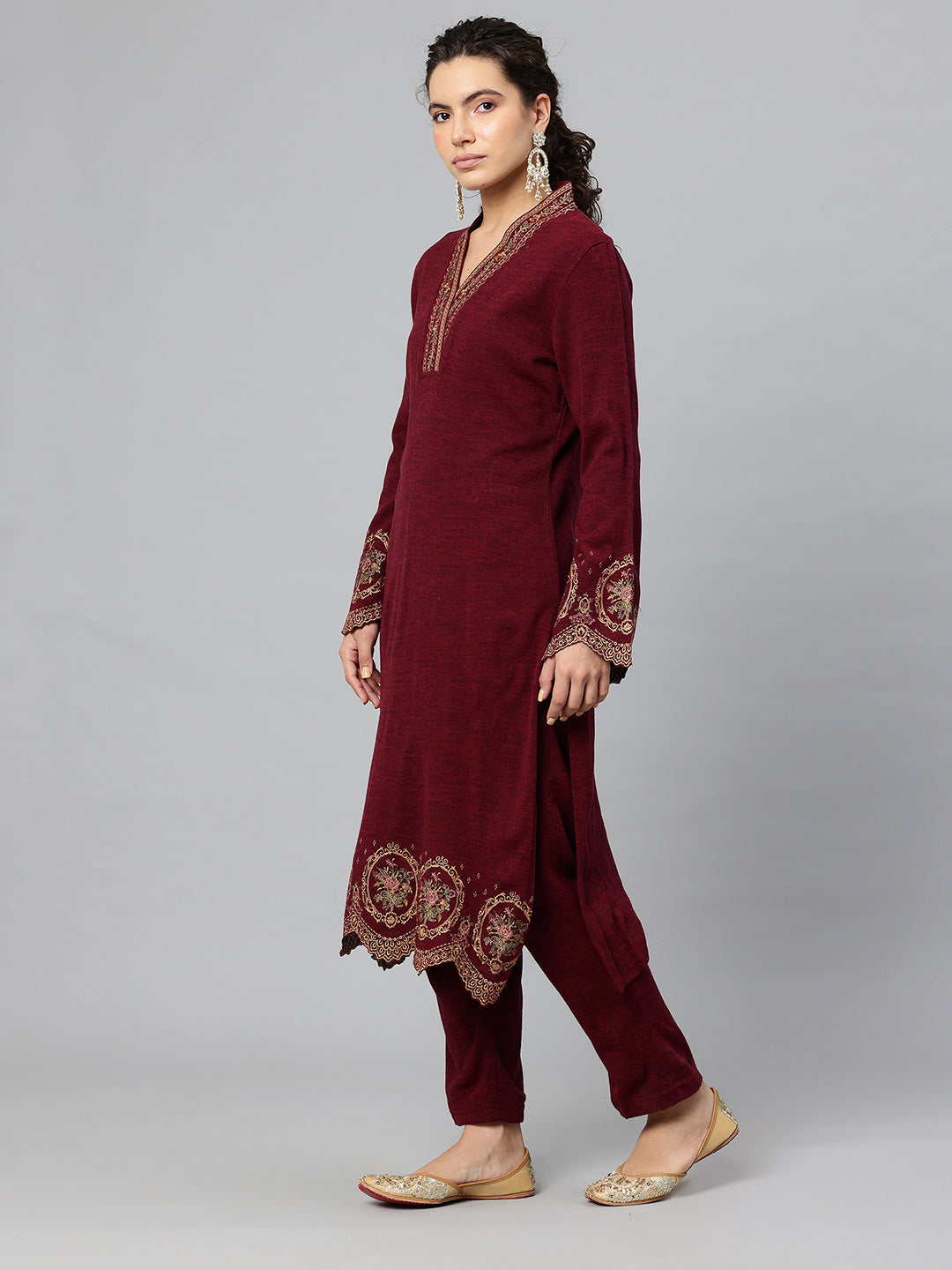 Women's Kashmiri Embroidered Woollen Co-ords – Kurta and Trousers