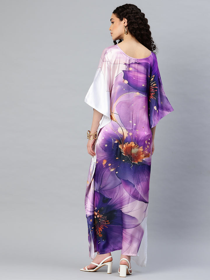 Women's Printed V-Neck Sleeves Long Satin Kaftan