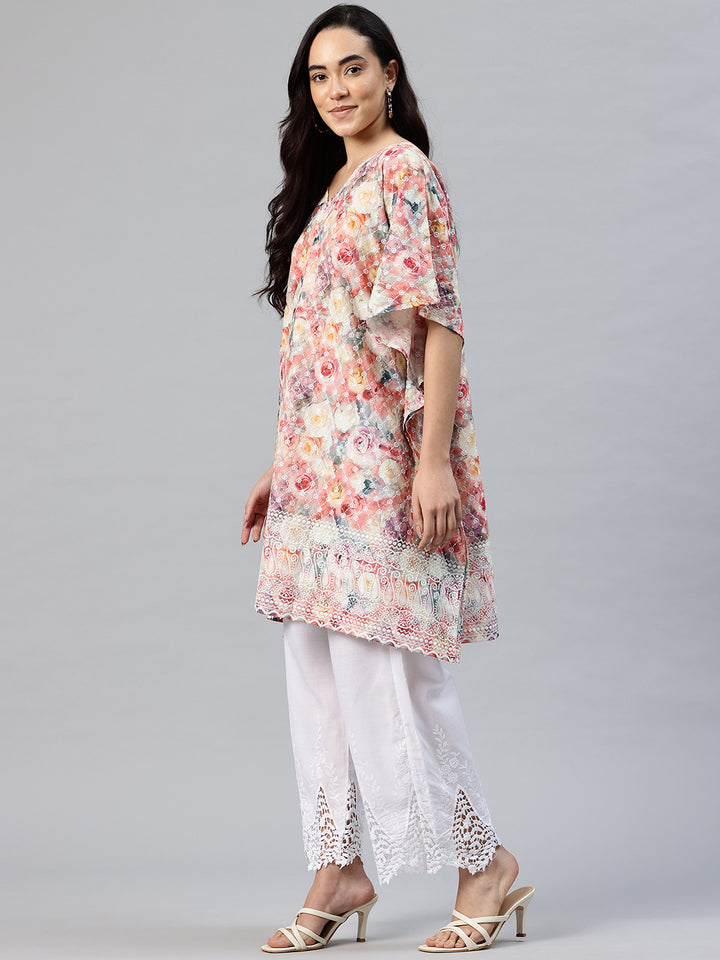 Women's Pure Cotton Embroidered Kaftan Kurta With Palazzo
