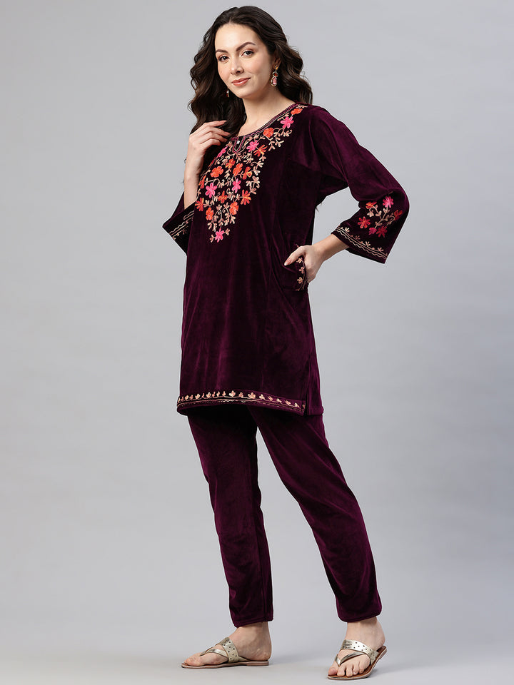 Women's Kashmiri Embroidered Velvet Co-ords – Kurta and Trousers