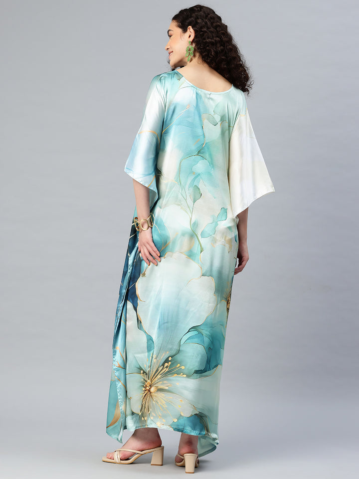 Women's Printed V-Neck Sleeves Long Satin Kaftan