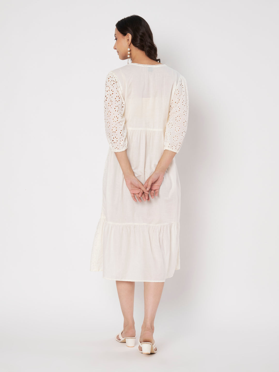 Women's Embroidered Schiffli Puff Sleeve A-Line Midi Dress