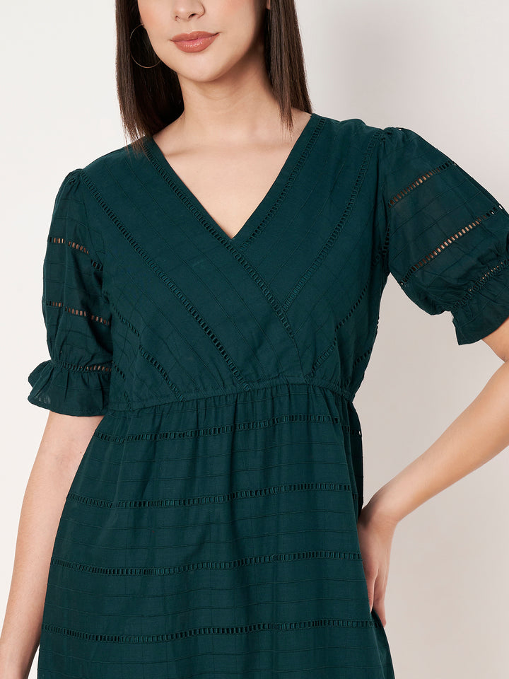 Women's Embroidered Schiffli Puff Sleeve A-Line Midi Dress