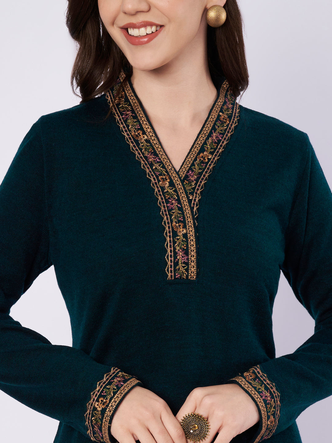 Women's Kashmiri Embroidered Woollen Co-ords – Kurta and Trousers