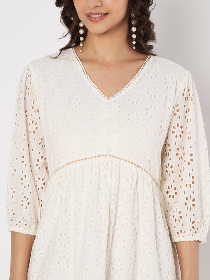 Women's Embroidered Schiffli Puff Sleeve A-Line Midi Dress
