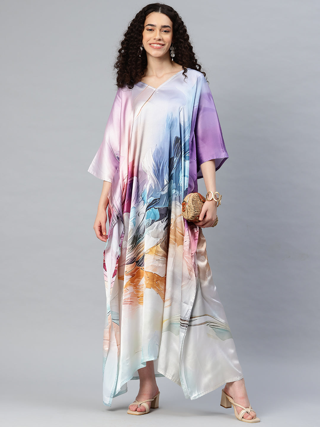 Women's Printed V-Neck Sleeves Long Satin Kaftan