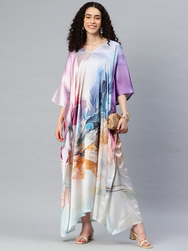 Women's Printed V-Neck Sleeves Long Satin Kaftan