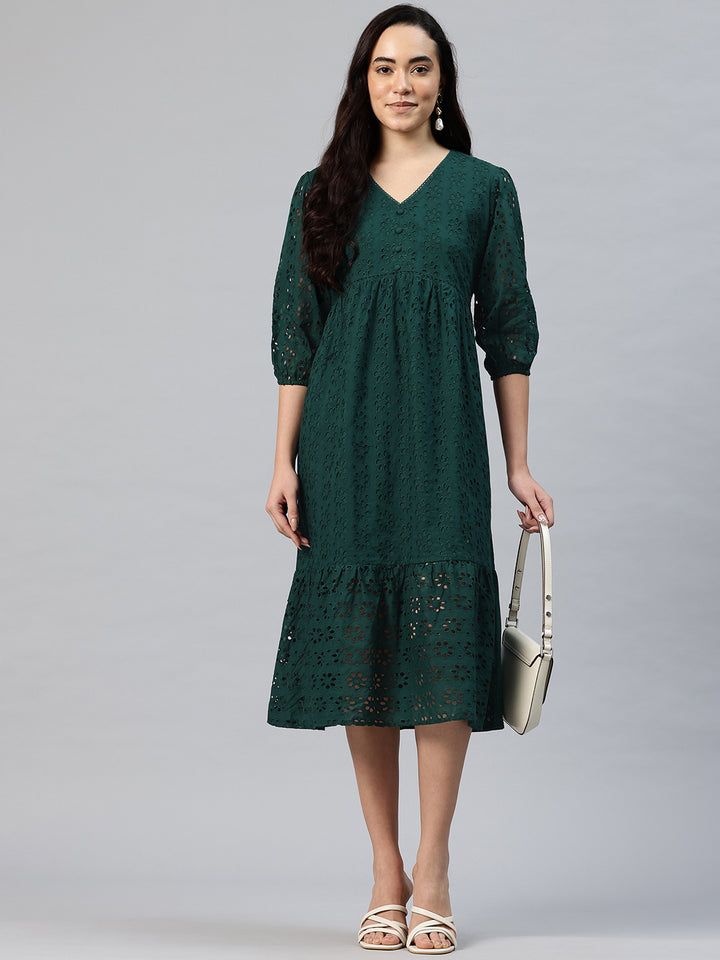 Women's Embroidered Schiffli Puff Sleeve A-Line Midi Dress