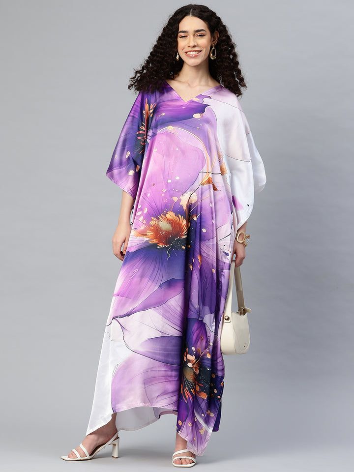 Women's Printed V-Neck Sleeves Long Satin Kaftan
