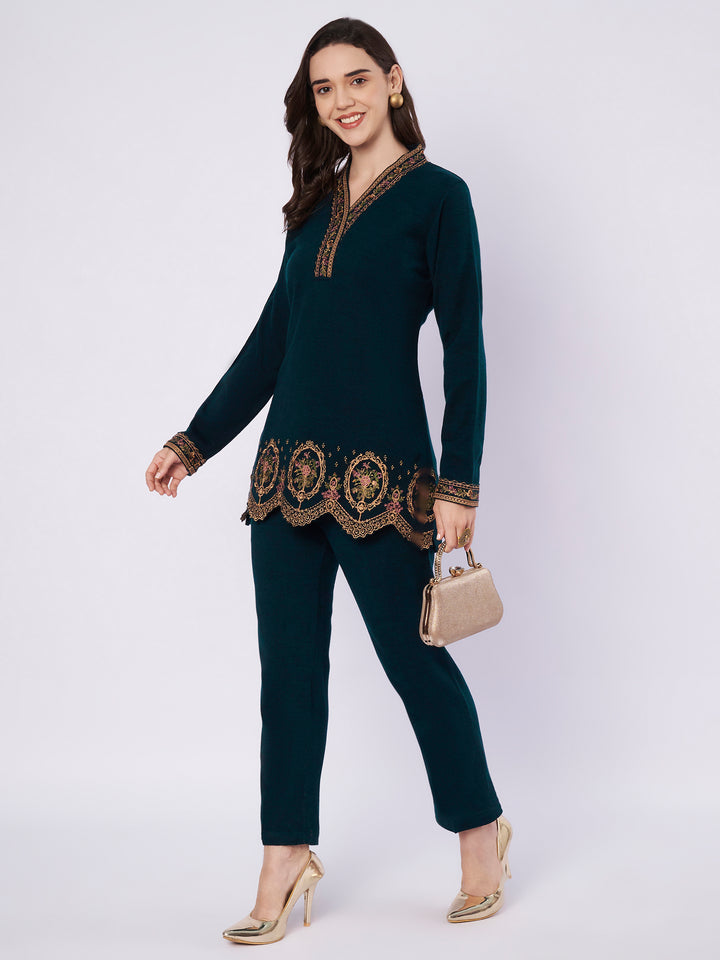 Women's Kashmiri Embroidered Woollen Co-ords – Kurta and Trousers