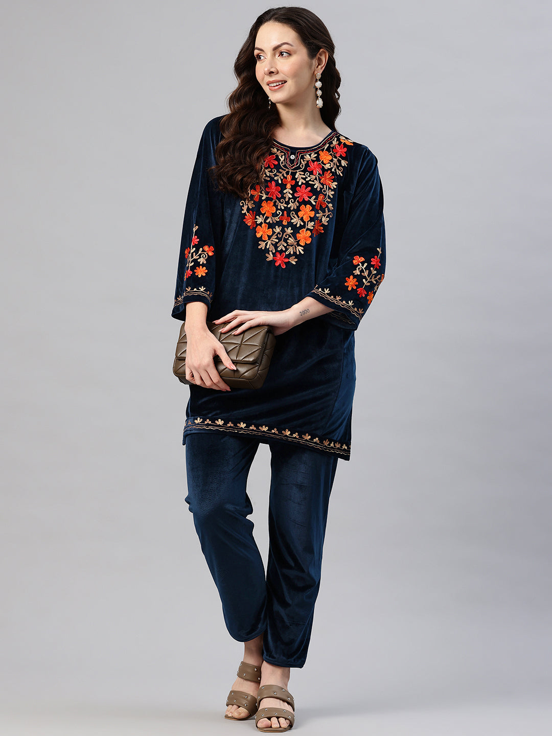 Women's Kashmiri Embroidered Velvet Co-ords – Kurta and Trousers