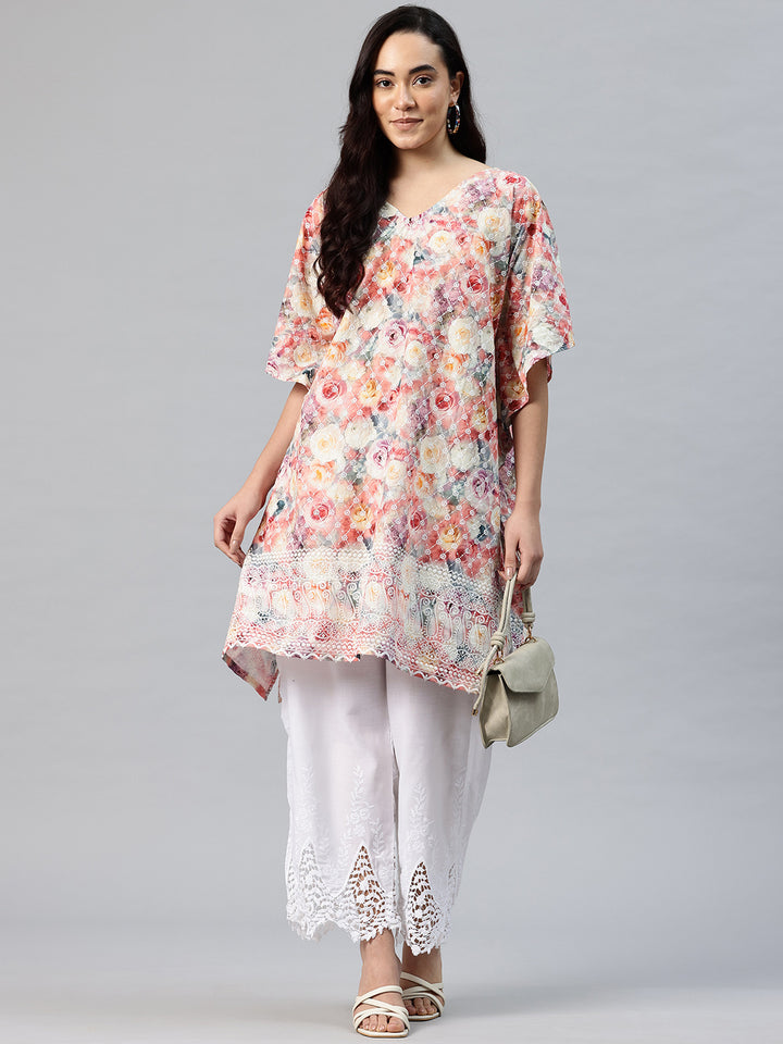 Women's Pure Cotton Embroidered Kaftan Kurta With Palazzo