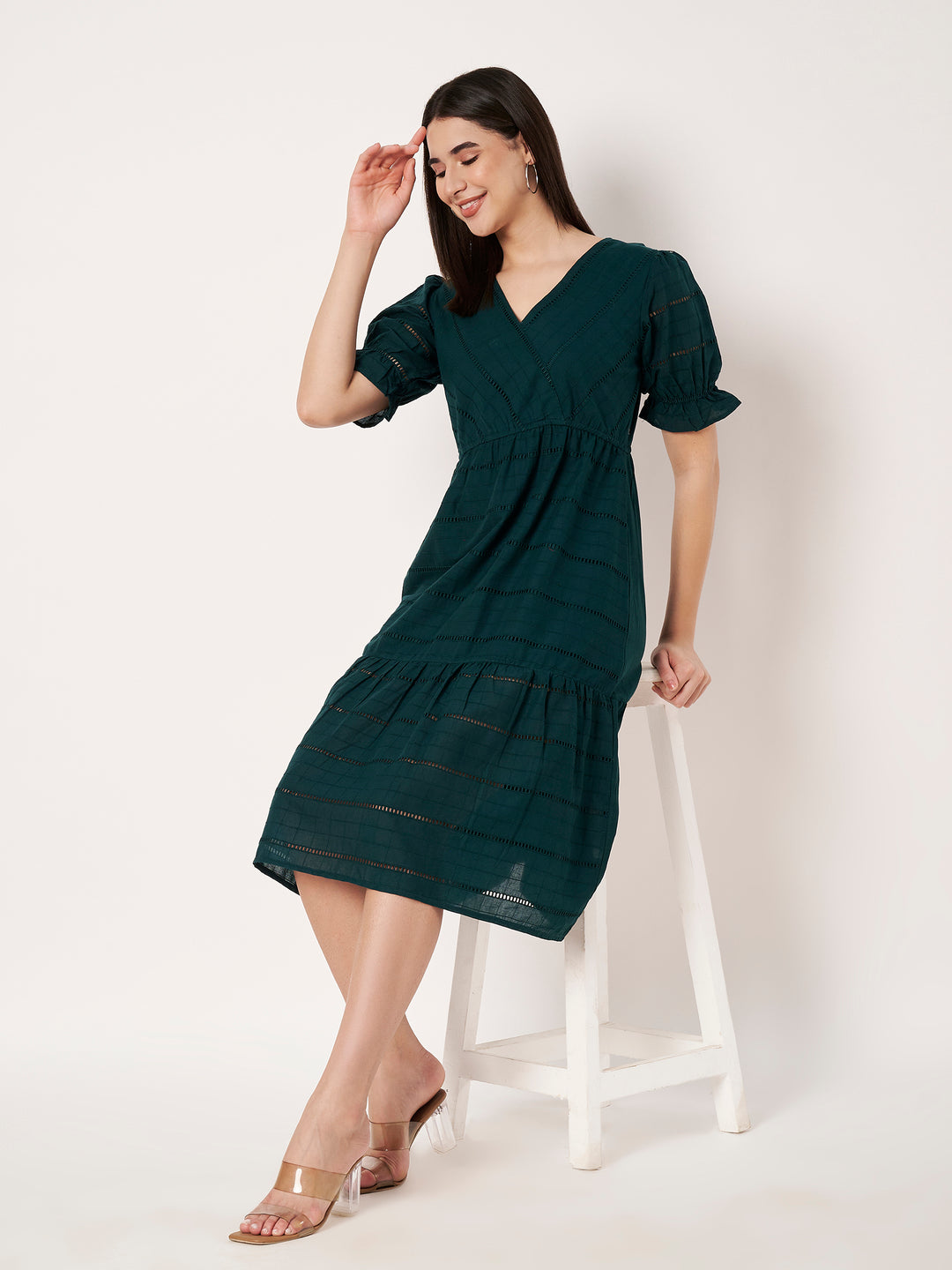 Women's Embroidered Schiffli Puff Sleeve A-Line Midi Dress