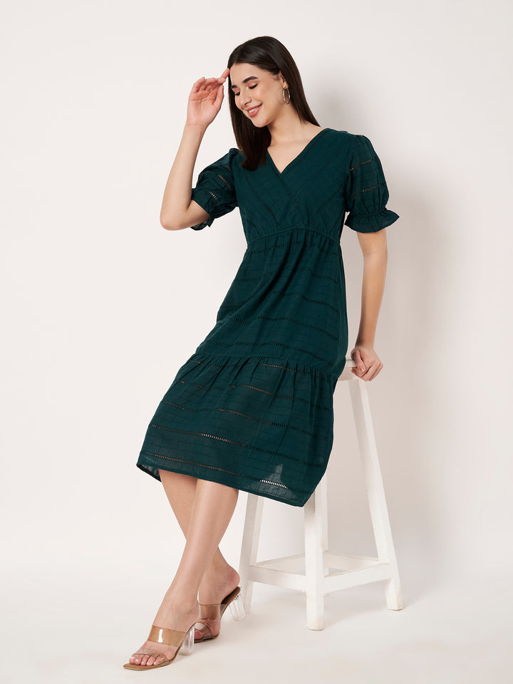 Women's Embroidered Schiffli Puff Sleeve A-Line Midi Dress