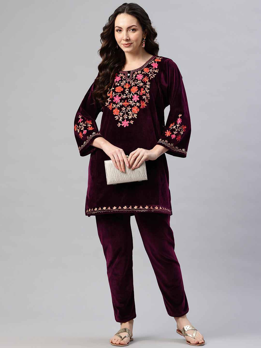 Women's Kashmiri Embroidered Velvet Co-ords – Kurta and Trousers