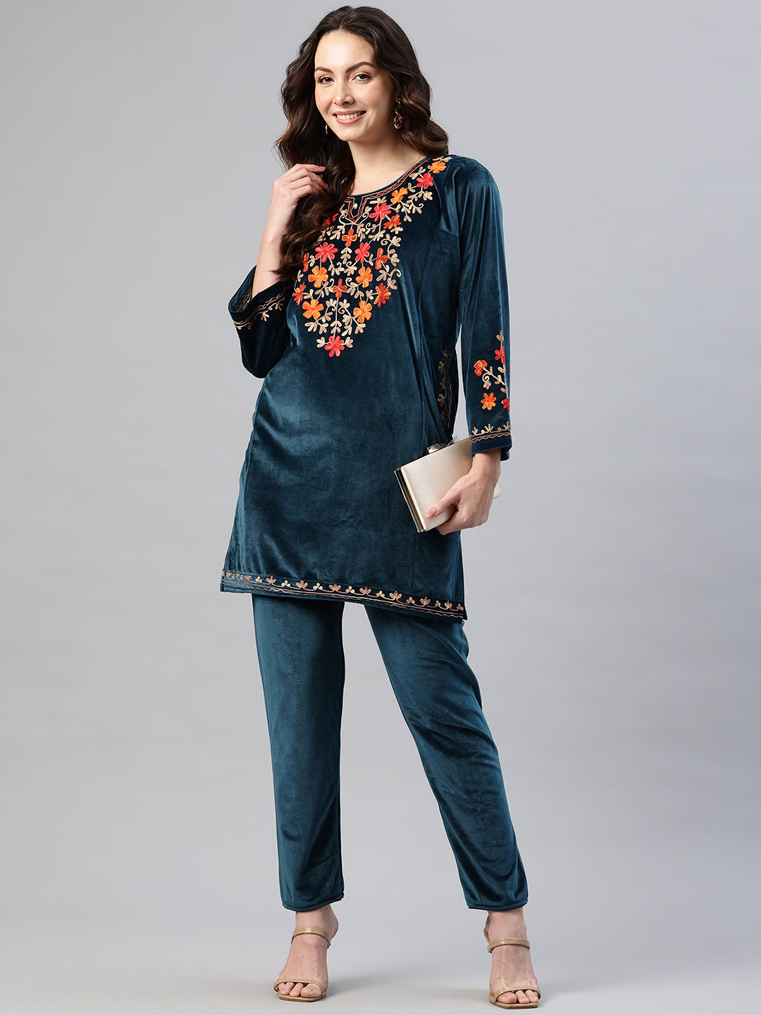 Women's Kashmiri Embroidered Velvet Co-ords – Kurta and Trousers