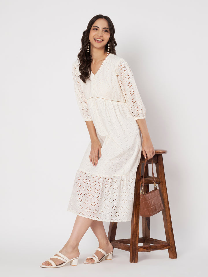 Women's Embroidered Schiffli Puff Sleeve A-Line Midi Dress