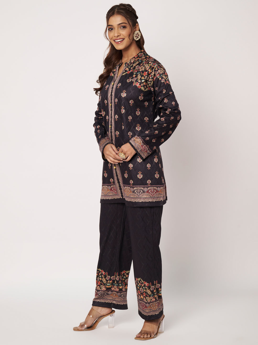 Women's Black Woollen Printed Kurta Set