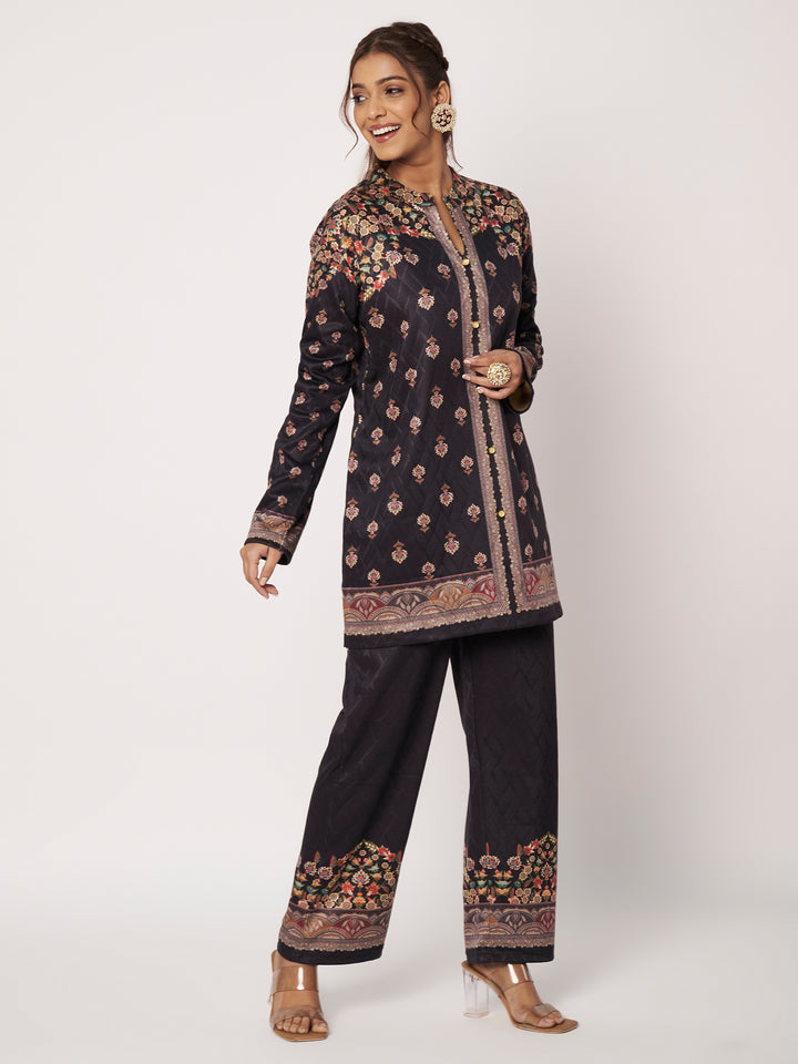 Women's Black Woollen Printed Kurta Set