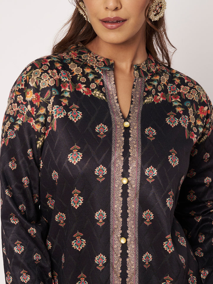 Women's Black Woollen Printed Kurta Set