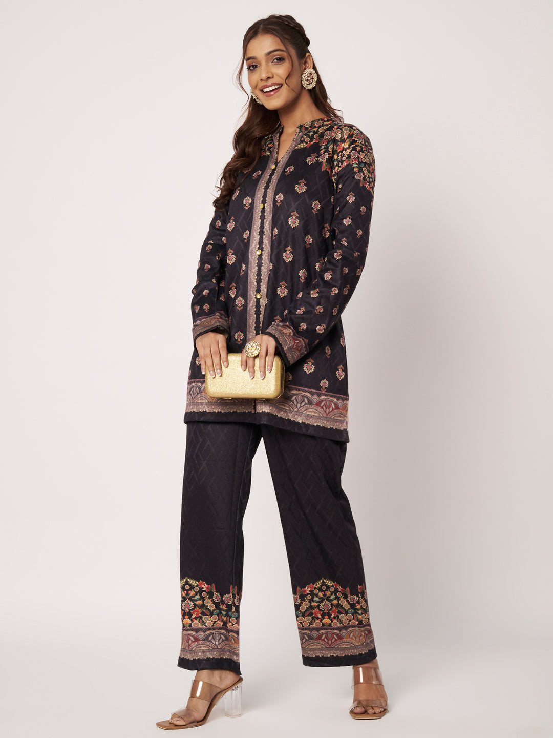 Women's Black Woollen Printed Kurta Set