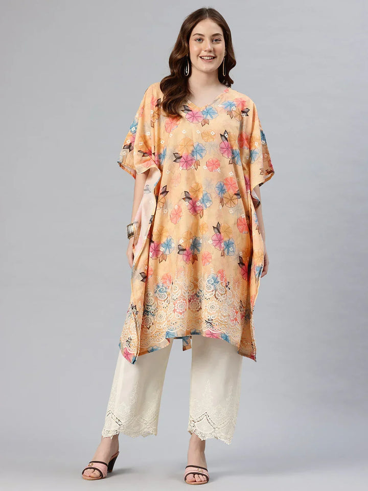 Beige embroidered pure cotton kaftan kurta with cream embroidered palazzo — women's free size set | SWI Stylish