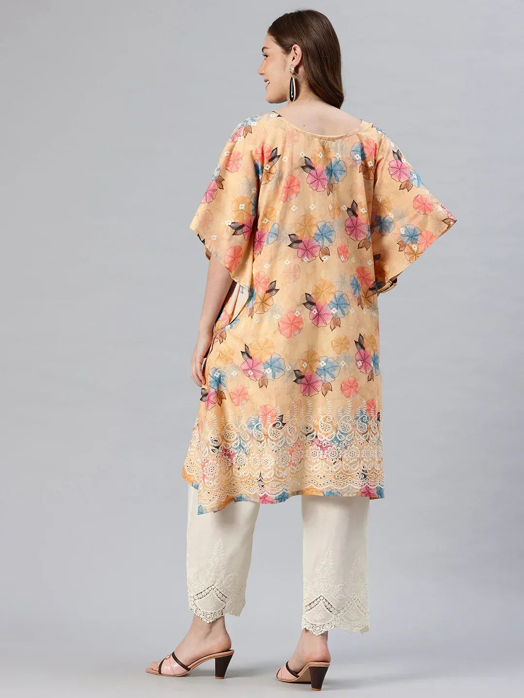 Beige kaftan kurta back view — tonal cream embroidery hem detail SWI Stylish | SWI Stylish