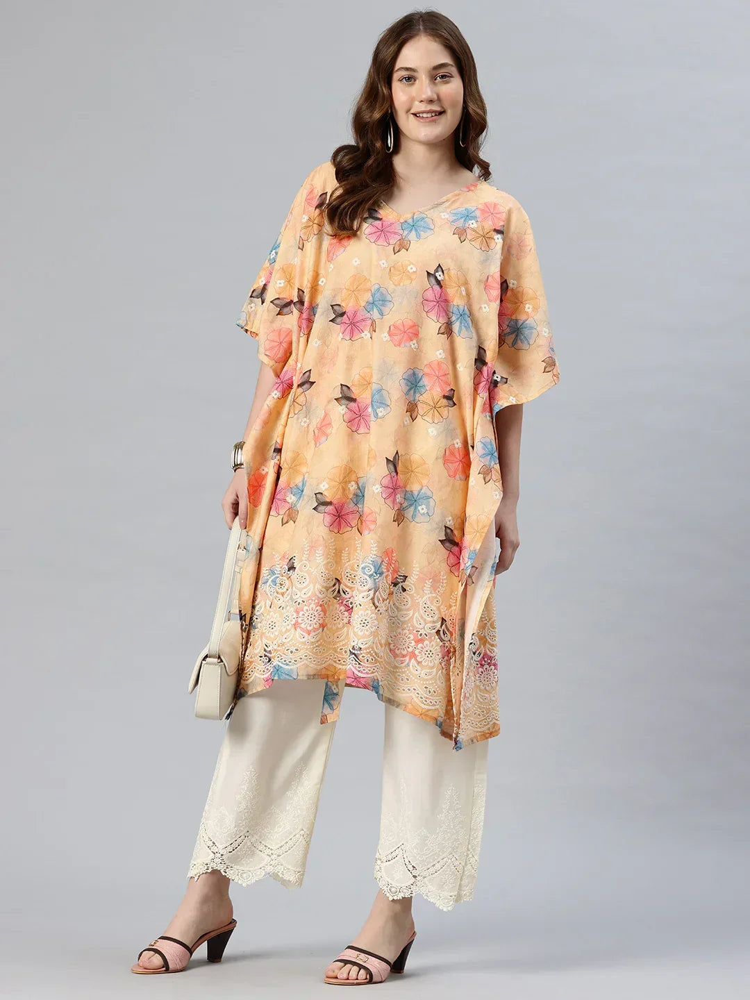 Beige kaftan kurta — batwing sleeves and adjustable waist drawstring detail | SWI Stylish