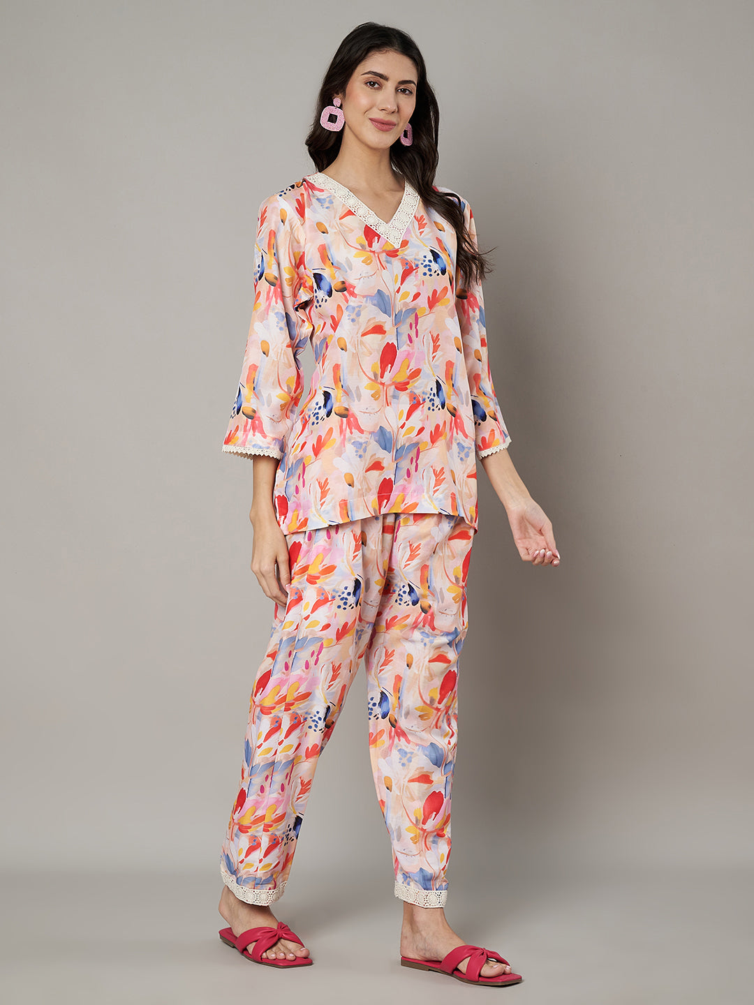 Women's Floral Printed V Neck Co-ord Set