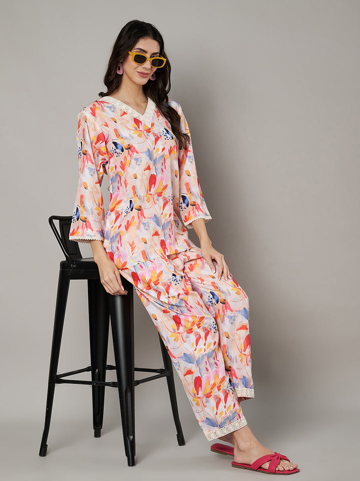 Women's Floral Printed V Neck Co-ord Set