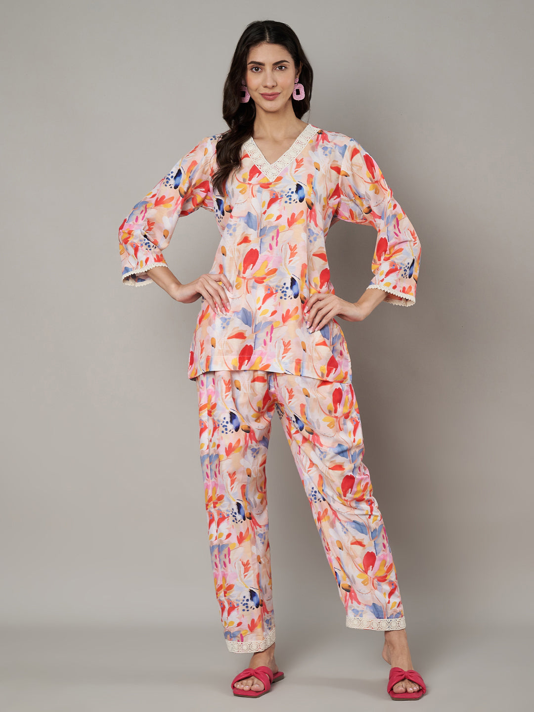 Women's Floral Printed V Neck Co-ord Set