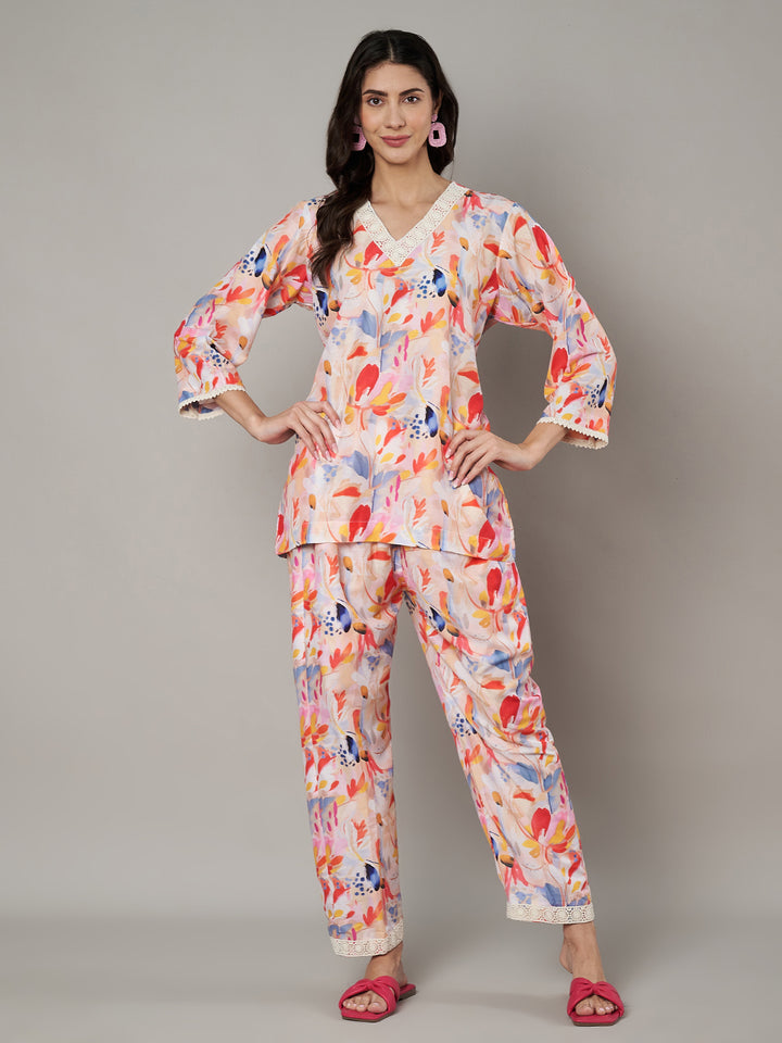 Women's Floral Printed V Neck Co-ord Set