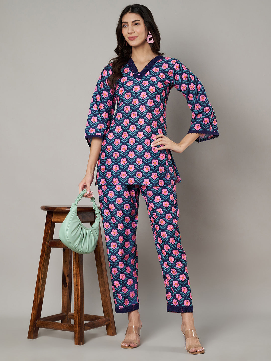 Women's Floral Printed V Neck Co-ord Set